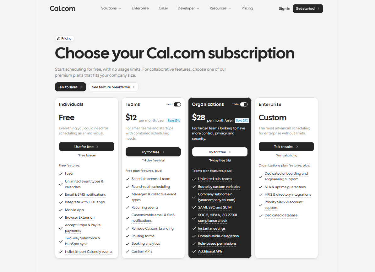 Cal.com subscription plans