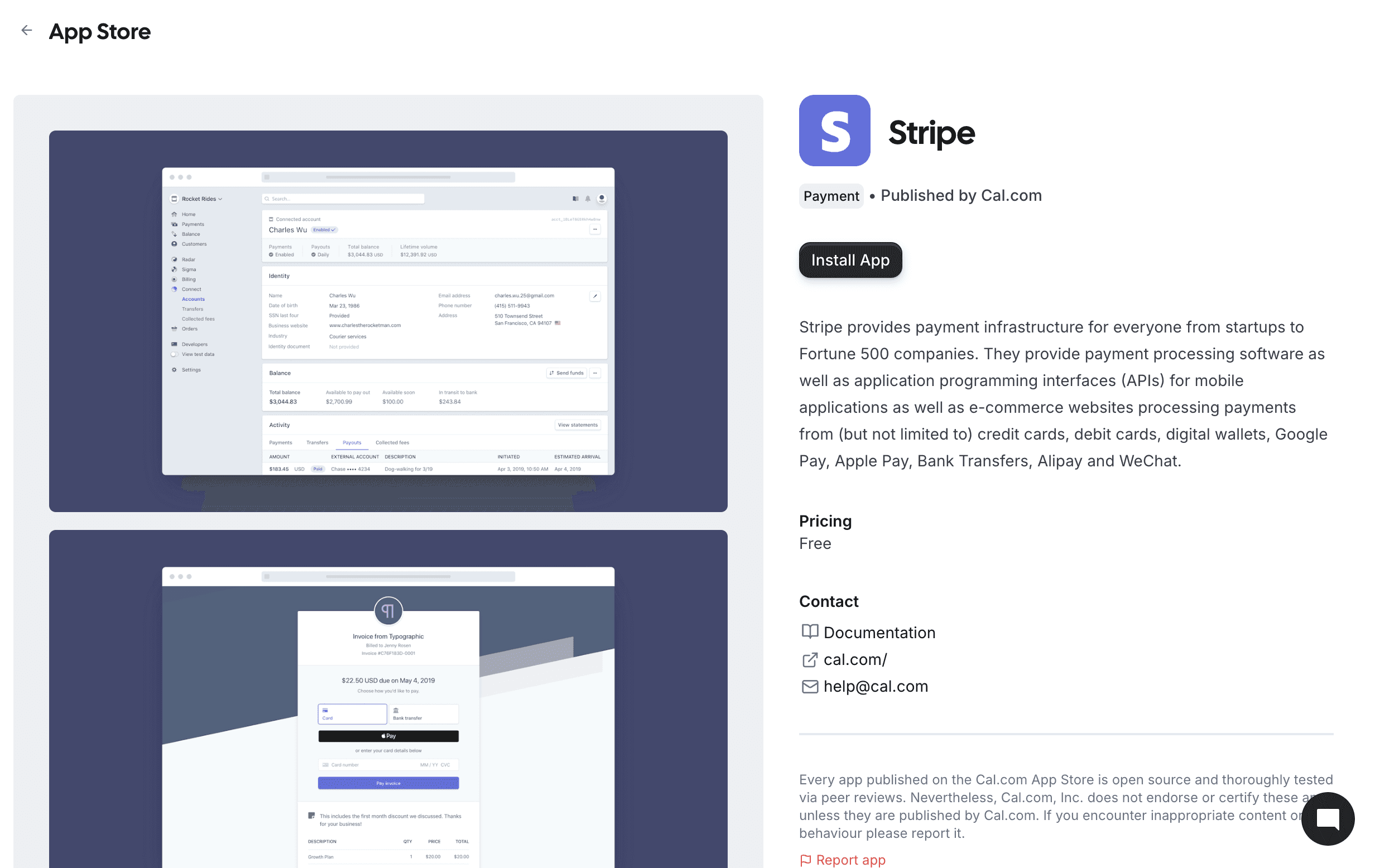 Screenshot of Cal.com Stripe app store listing