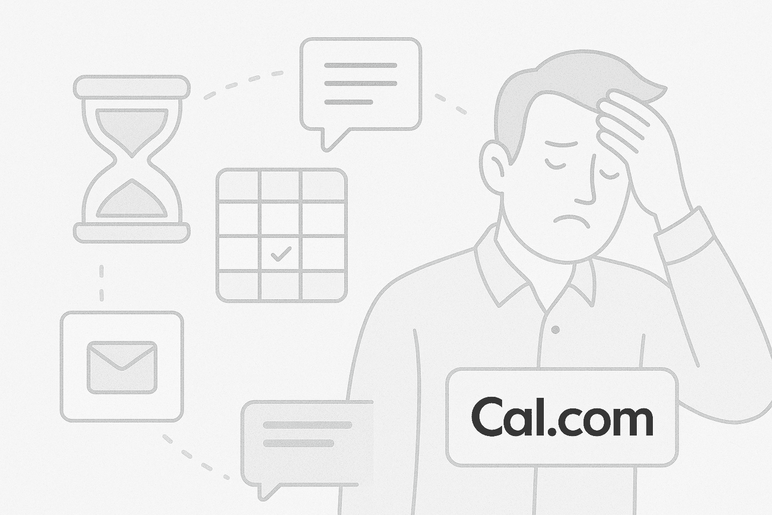 Illustration of a stressed man surrounded by scheduling icons