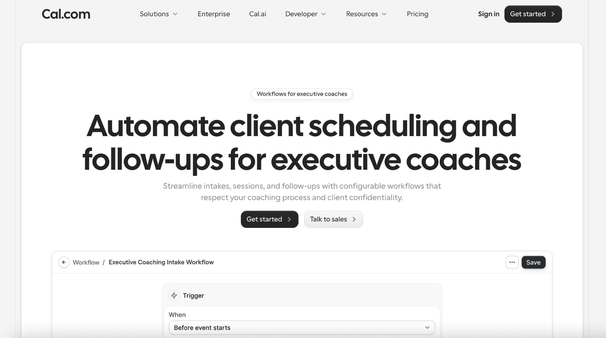 Screenshot of Cal.com's executive coaching workflow with automated client scheduling and follow-ups