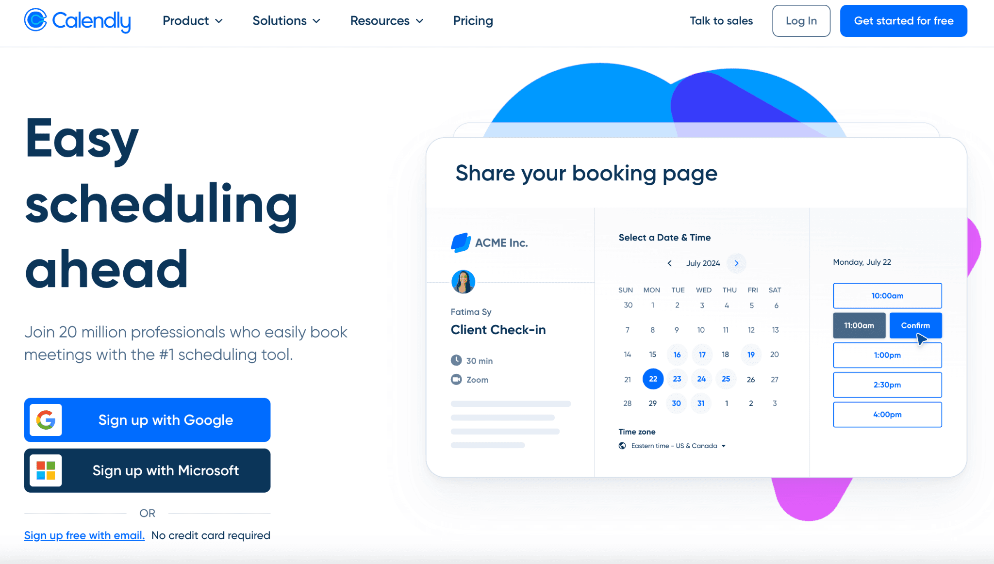Screenshot of the Calendly homepage with a booking page interface and sign-up options