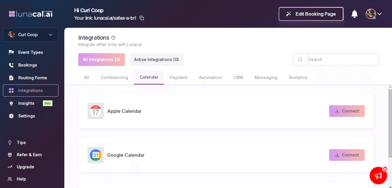 Lunacal calendar integrations settings screen