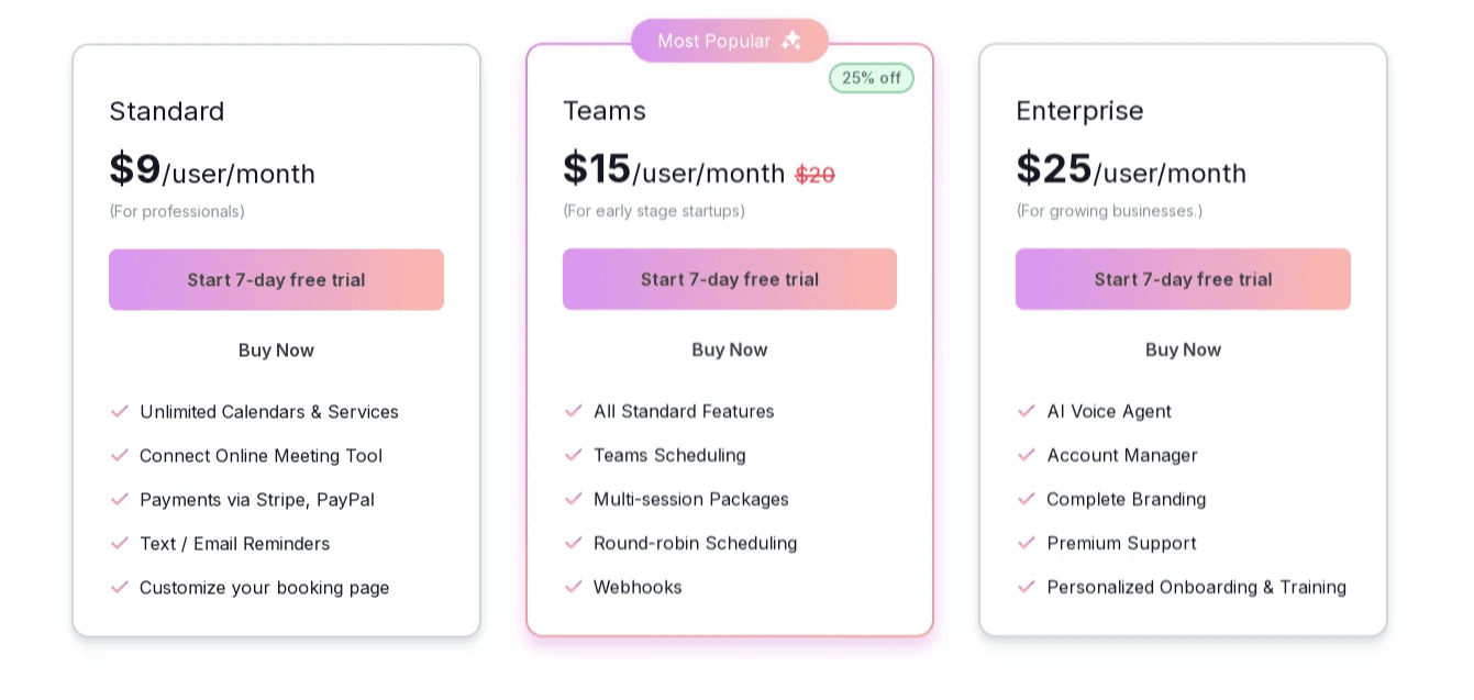 Pricing tiers comparison table for scheduling plans