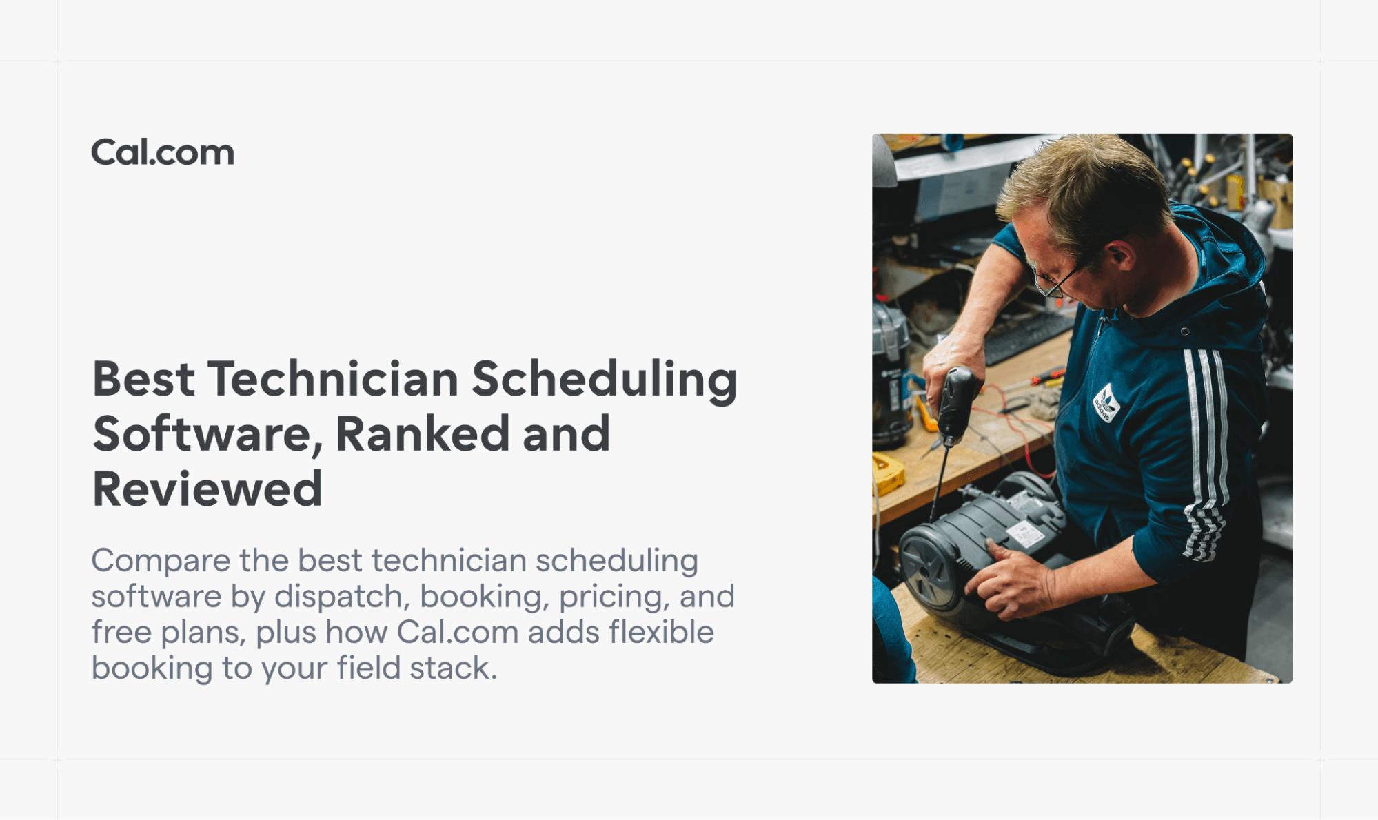 Technician using power tool beside scheduling software headline