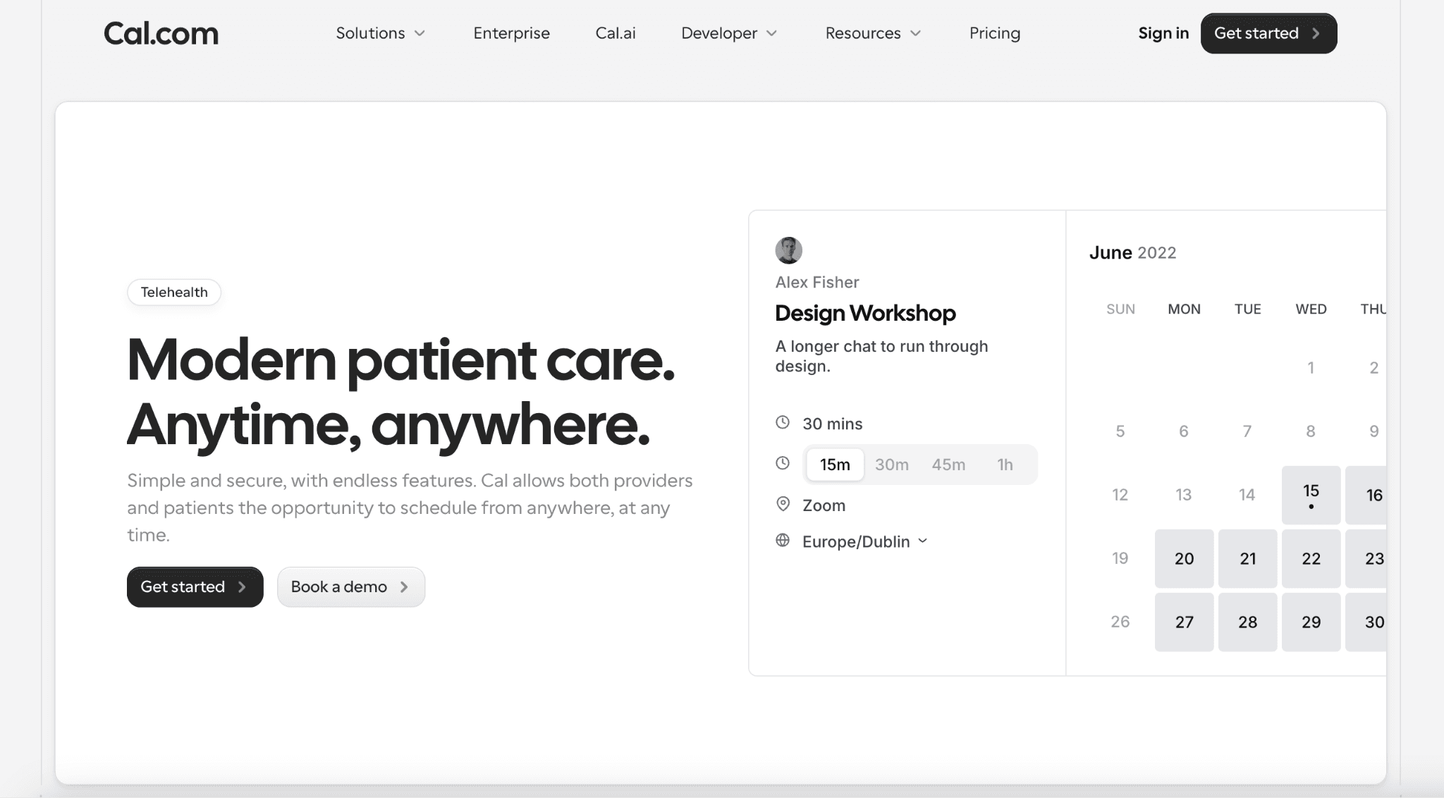 Cal.com telehealth scheduling page with patient booking calendar and appointment details