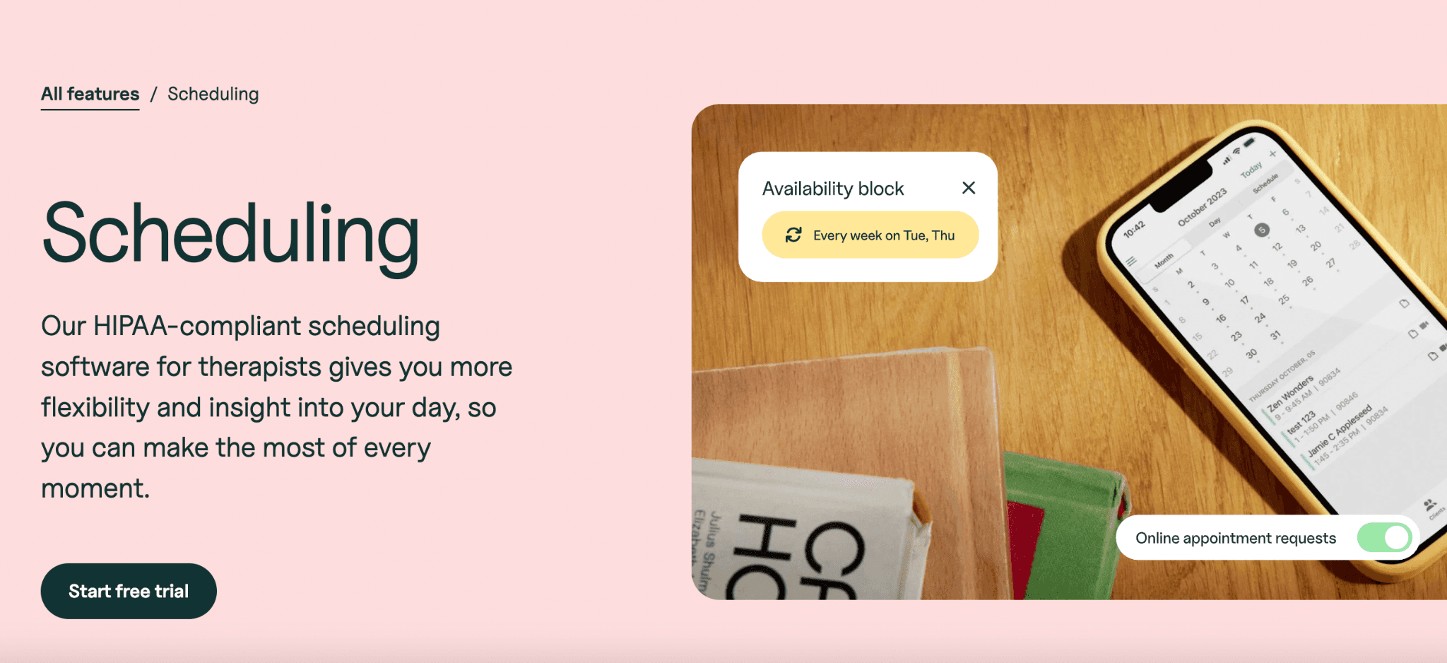SimplePractice's therapist scheduling and calendar management page