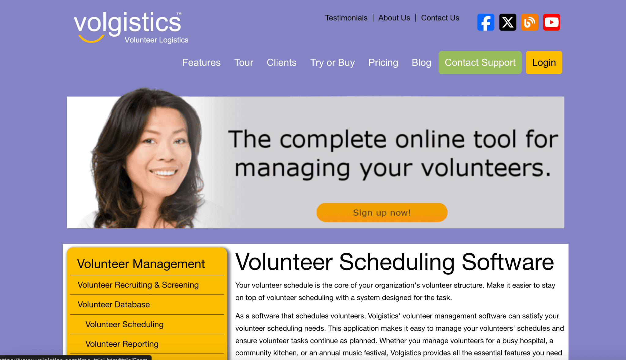 Volgistics homepage highlighting customizable features for coordination, including application forms and reporting tools