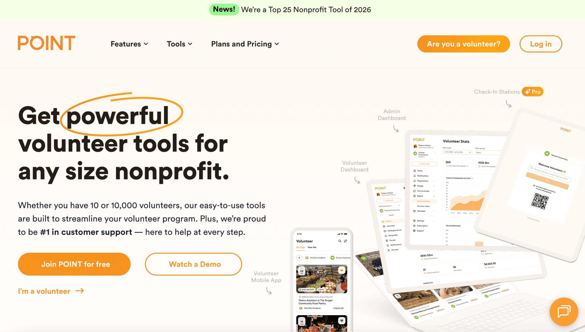 POINT volunteer management homepage showing tools designed for nonprofits of all sizes, from small to large volunteer programs