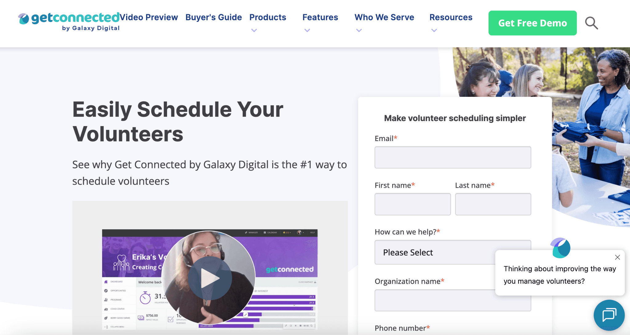 Get Connected homepage, a free volunteer sign-up platform offering scheduling tools, hour tracking, and automated notifications