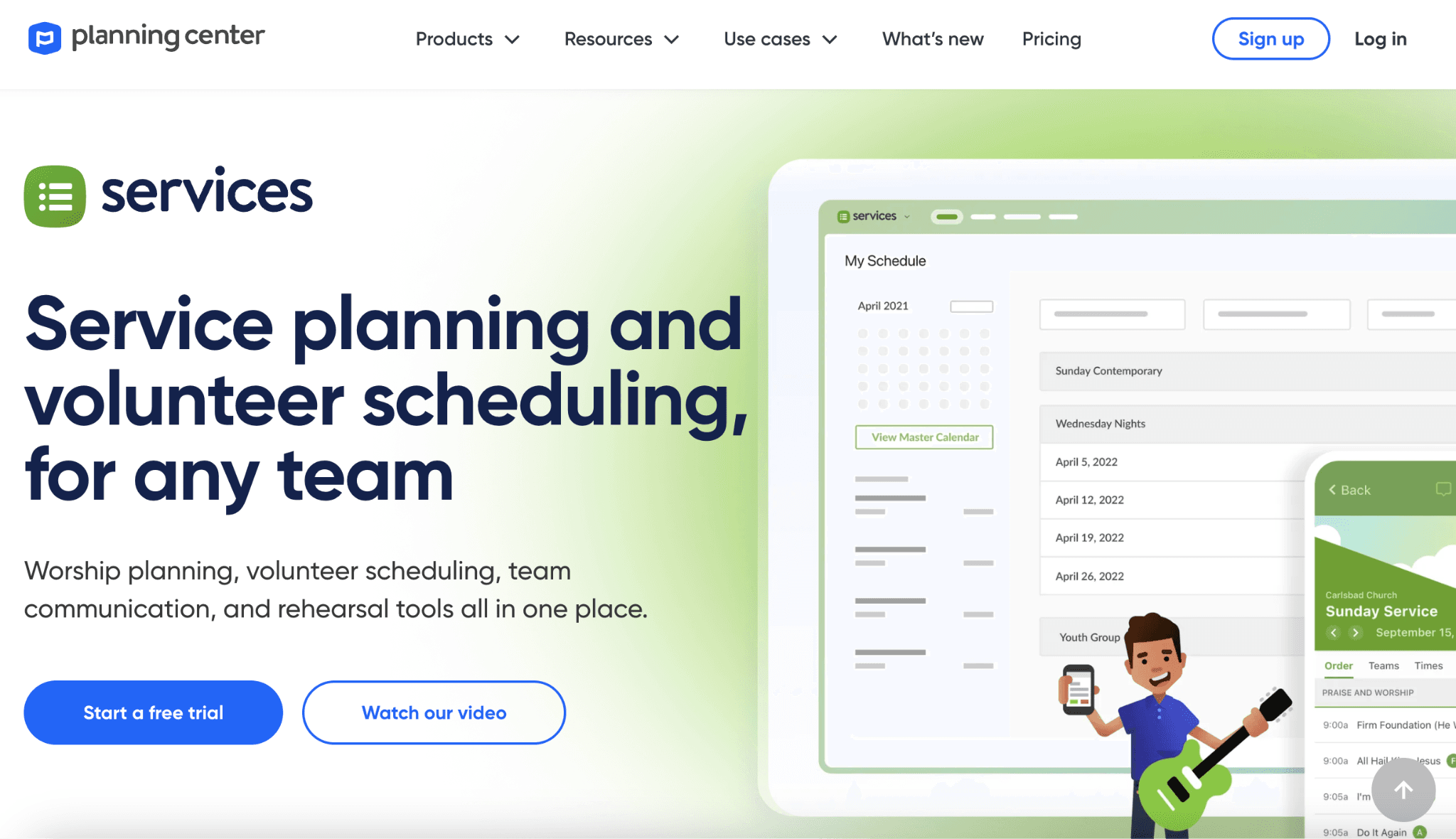 Planning Center’s free church volunteer scheduling software homepage with tools for scheduling, service planning, and rehearsal preparation