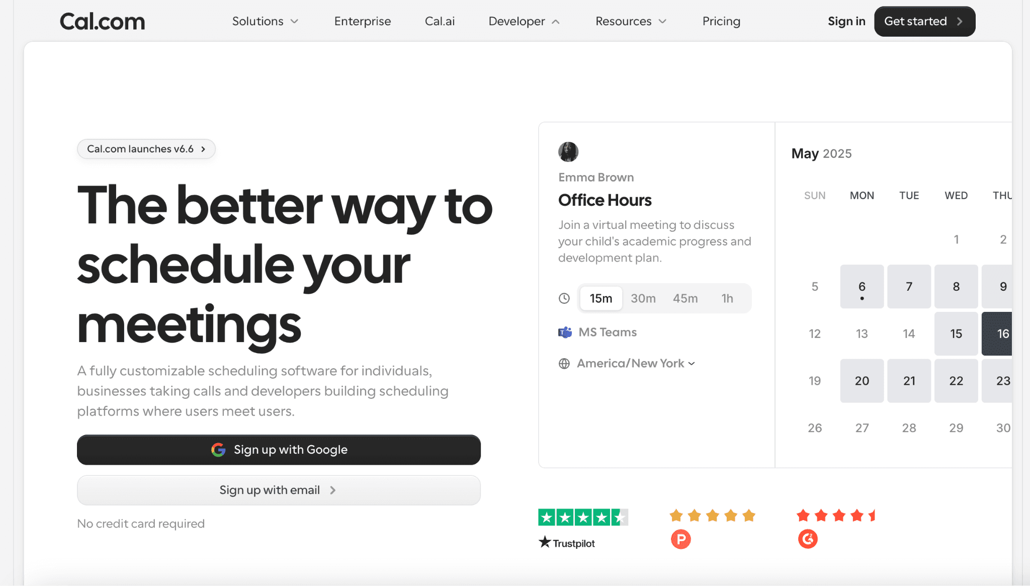Cal.com homepage showing a scheduling interface for personal bookings, business calls, and user-to-user appointment scheduling