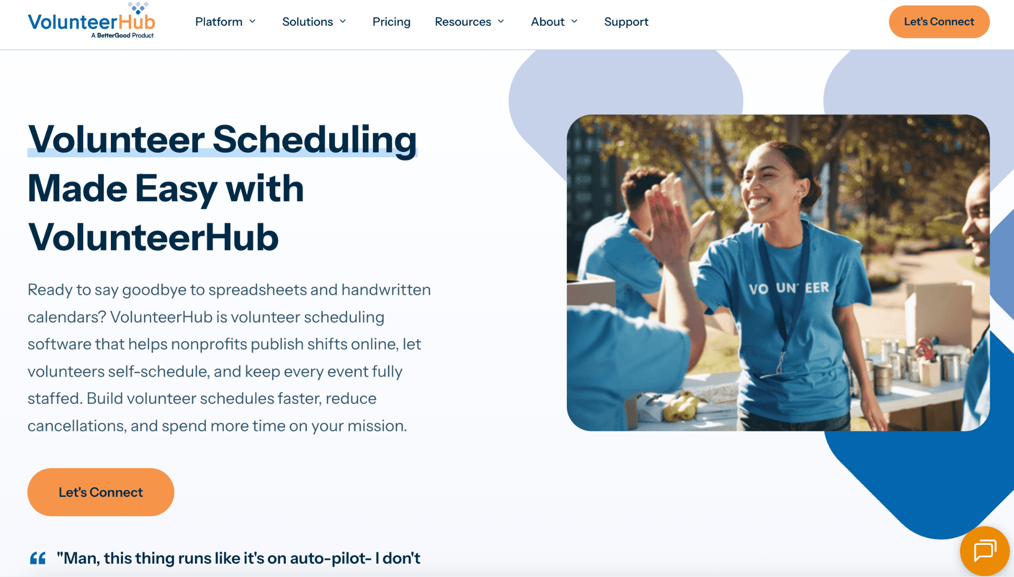 VolunteerHub homepage highlighting online shift management, self-scheduling, and nonprofit volunteer coordination
