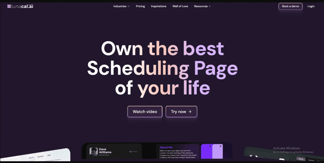 Lunacal.ai homepage hero for scheduling pages