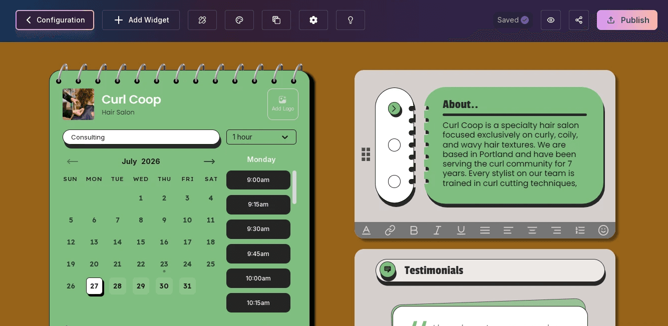 Website builder with embedded hair salon booking widget