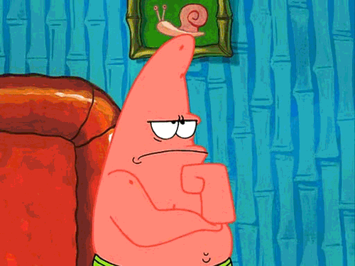 Cartoon character smirking beside a framed snail picture
