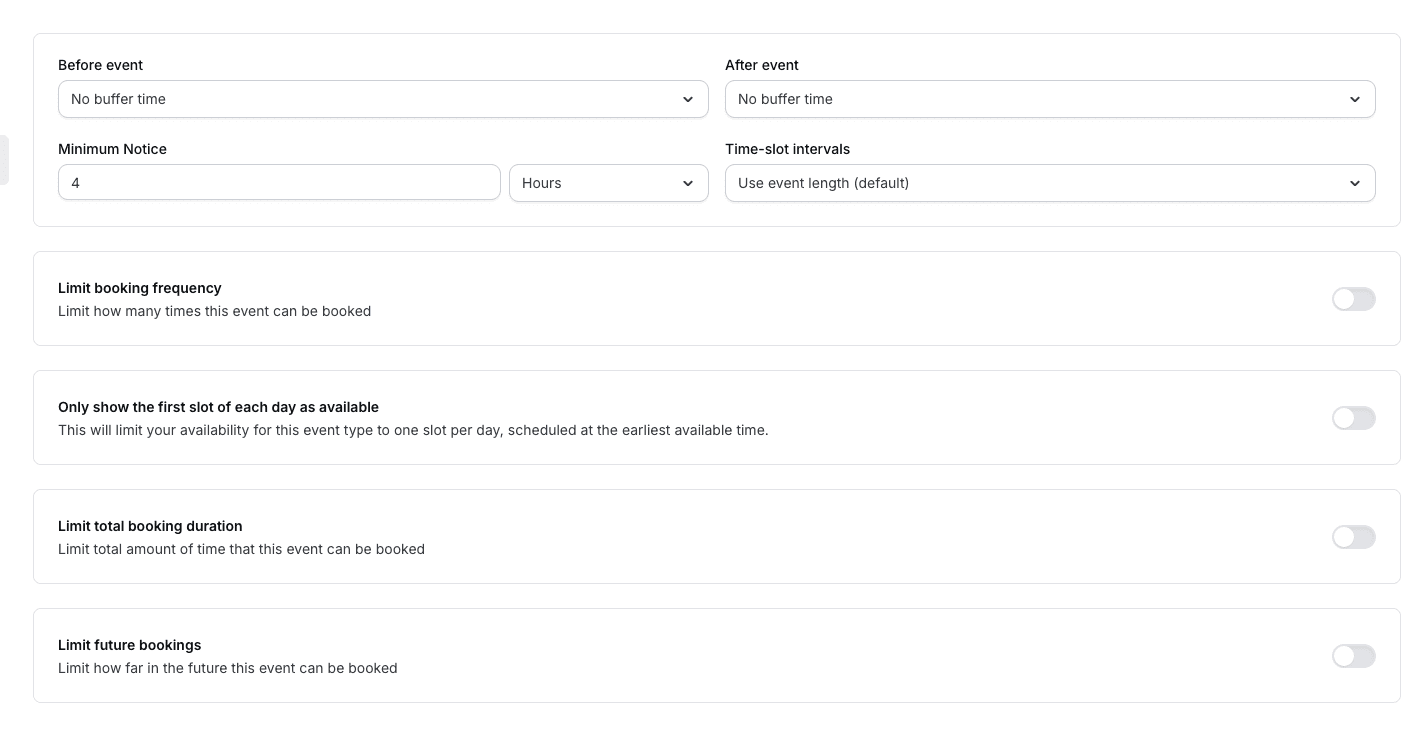 Cal.com booking limits settings with buffers and frequency toggles