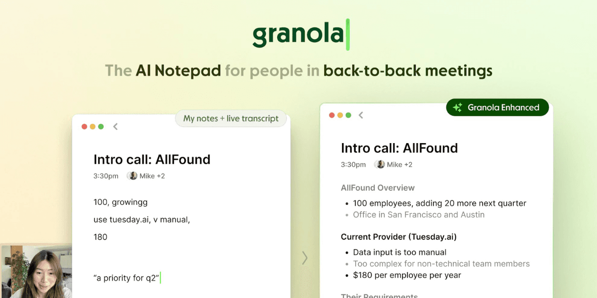Granola AI notepad app showing meeting notes interface