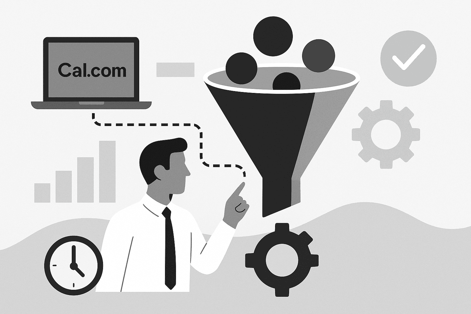 Illustration of a sales funnel with Cal.com laptop icon