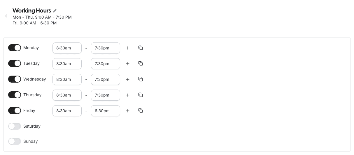 Cal.com working hours schedule settings
