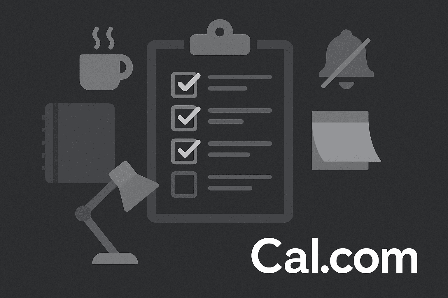 Illustration of desk items around a checklist and Cal.com logo