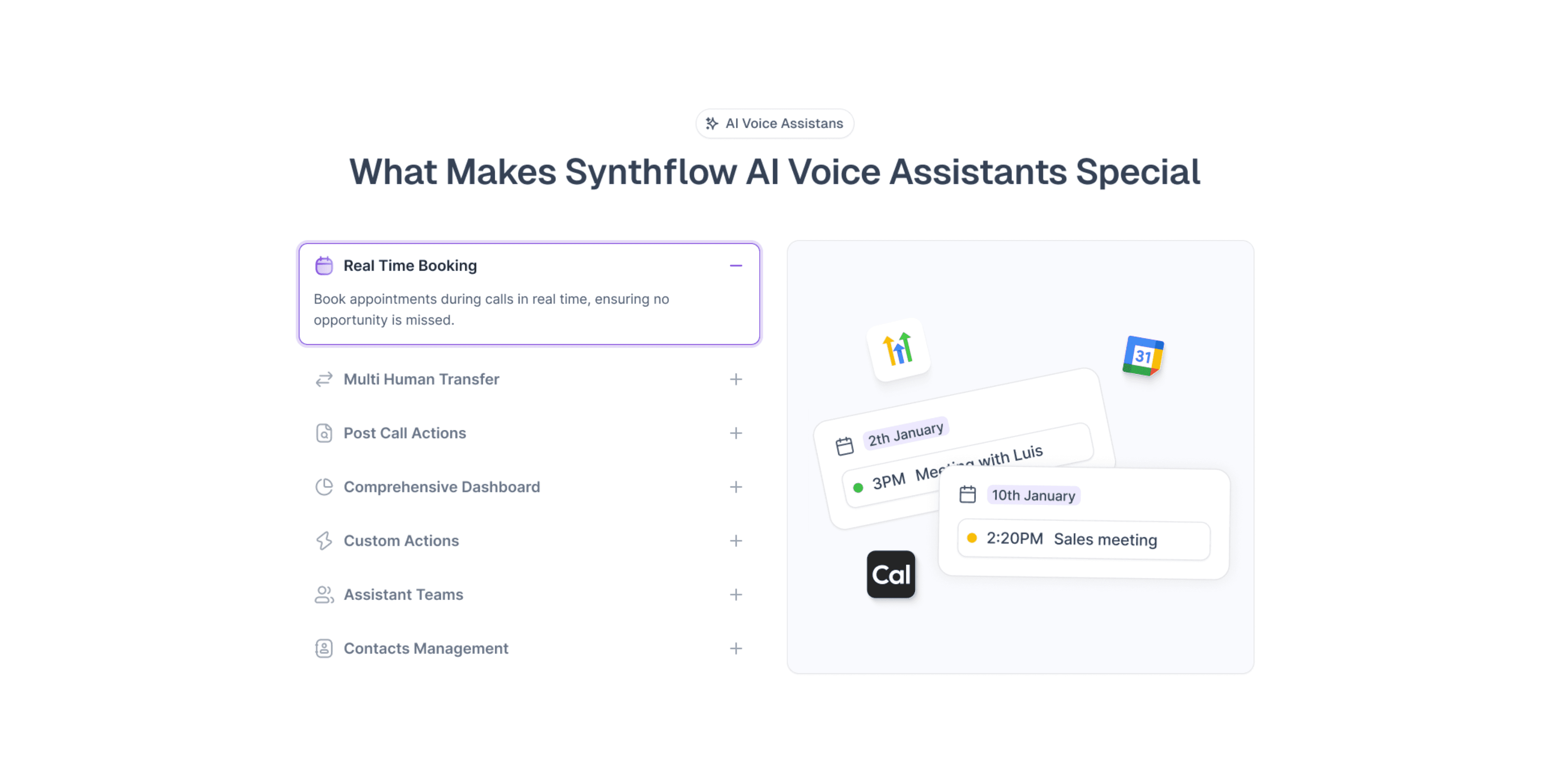 Synthflow AI voice assistant features and scheduling UI