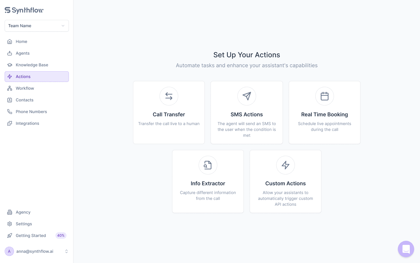 SynthFlow AI assistant actions setup screen