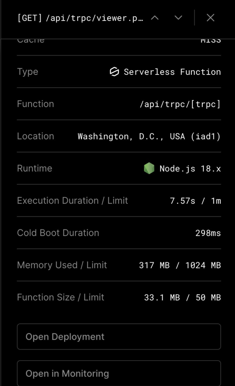 Vercel serverless function performance stats