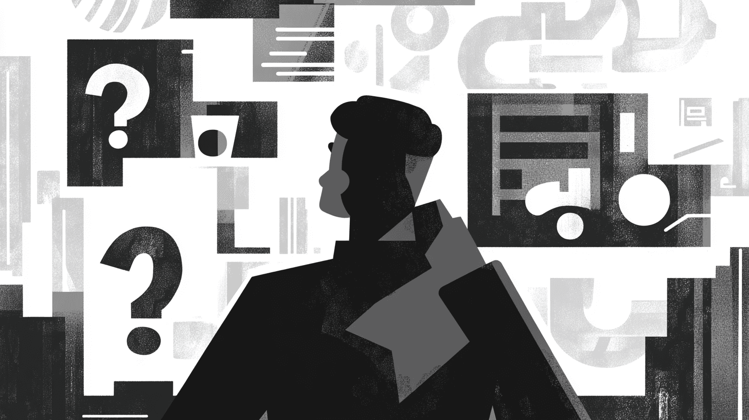 Illustration of a man with question marks and abstract icons