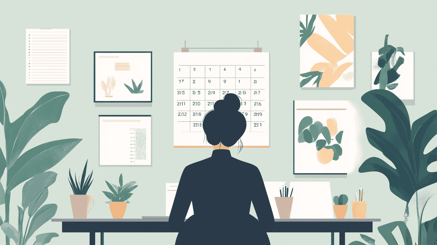 Illustration of woman working at a calendar-covered desk