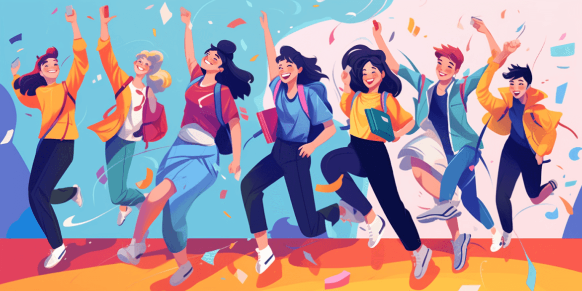 Illustration of students jumping and celebrating