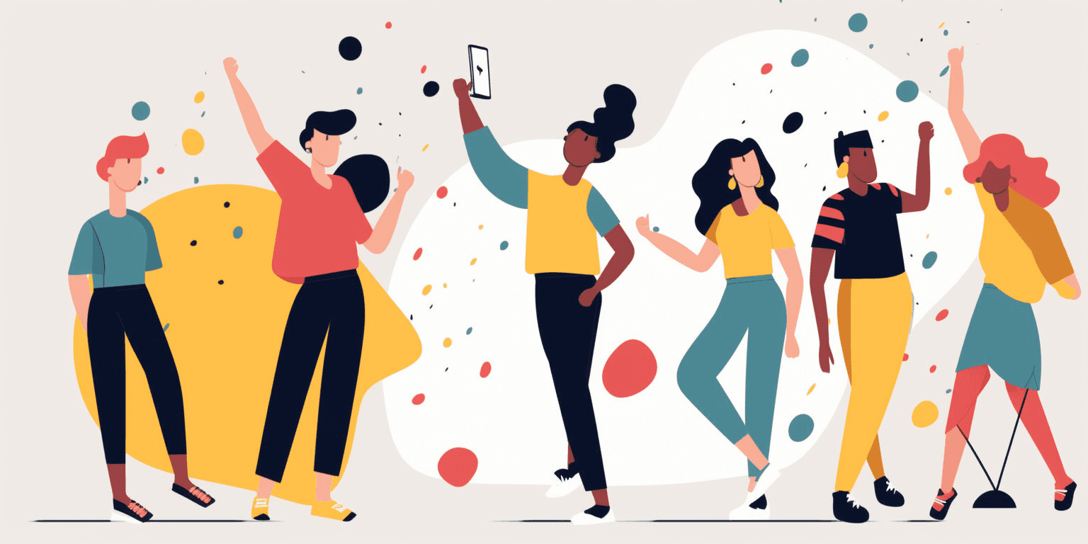 Illustration of people celebrating and taking a selfie