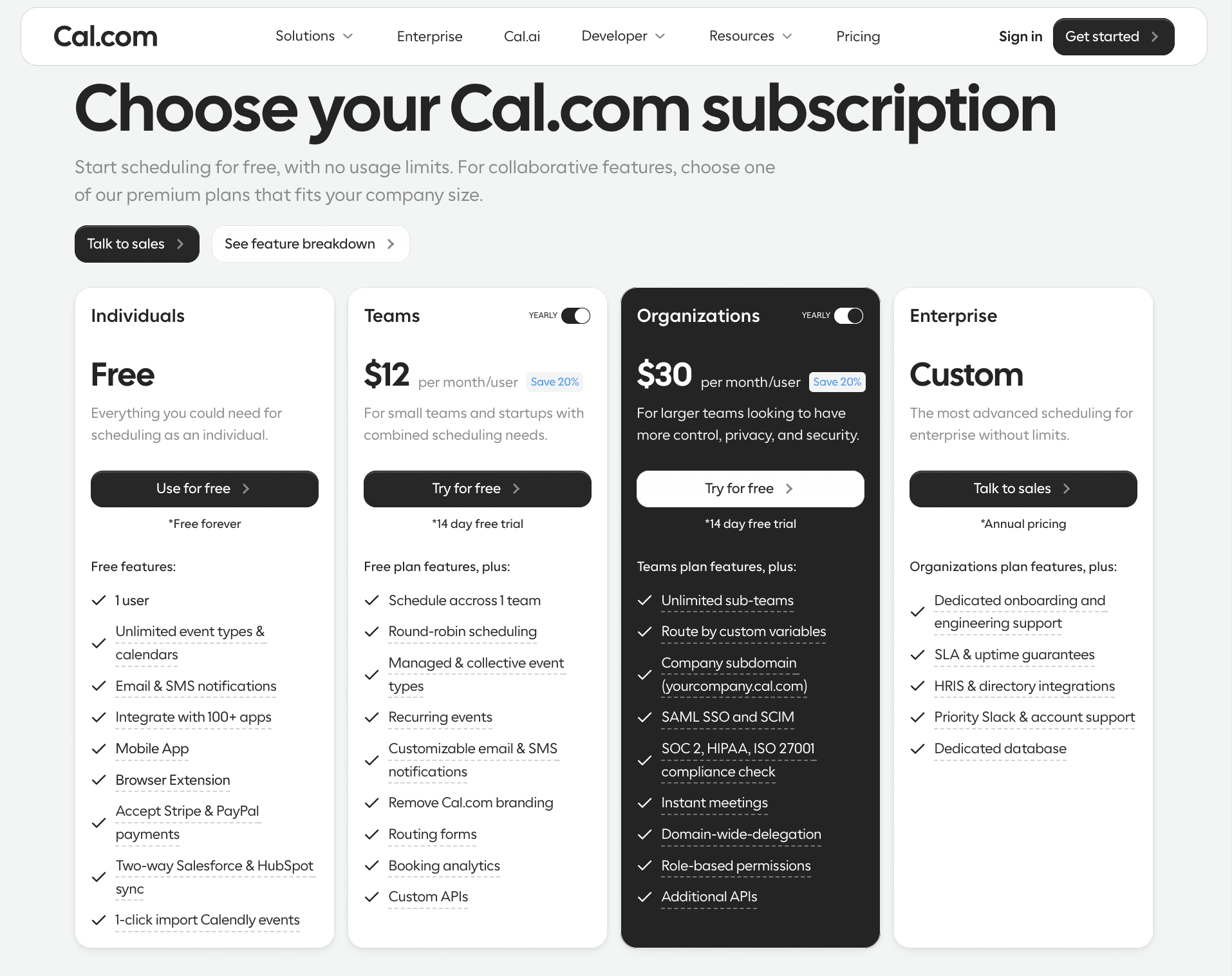 Cal.com subscription plans pricing page