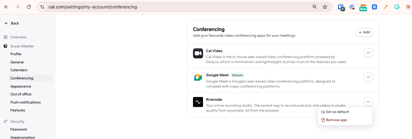 Cal.com conferencing settings with Riverside app