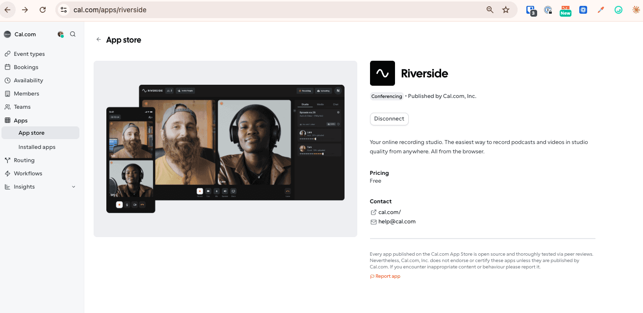 Cal.com app store Riverside integration page