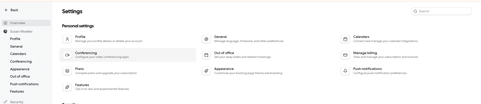 Screenshot of Cal.com settings menu