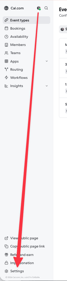 Cal.com sidebar with arrow pointing to menu item