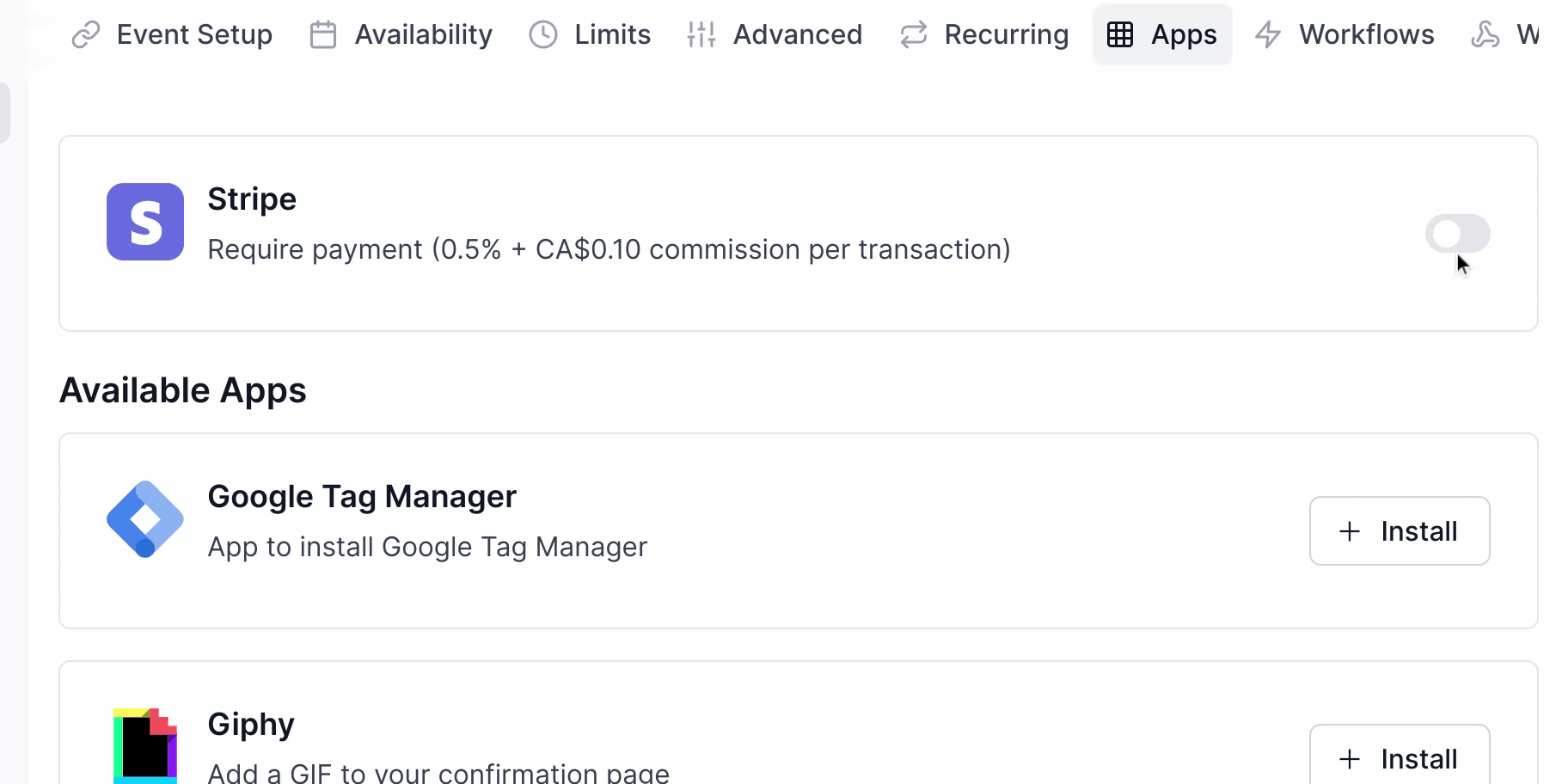 Cal.com event apps settings with Stripe payment toggle