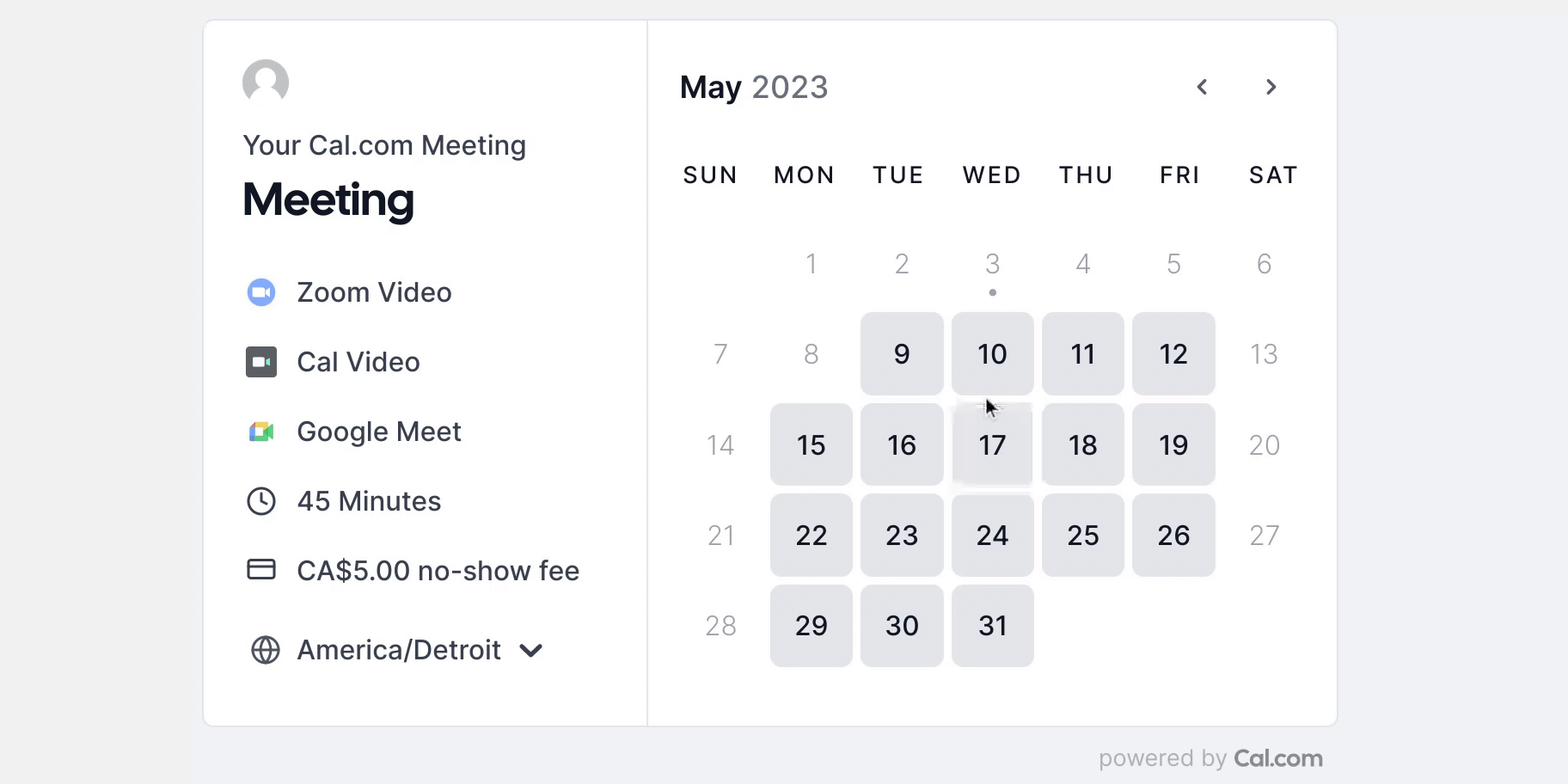 Cal.com booking page showing a no-show fee