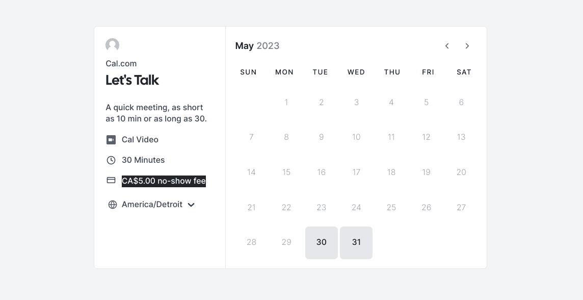 Cal.com booking page with no-show fee