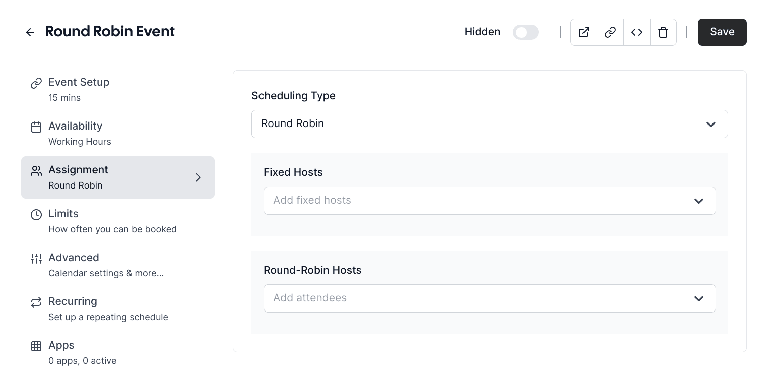 Cal.com round robin event scheduling settings