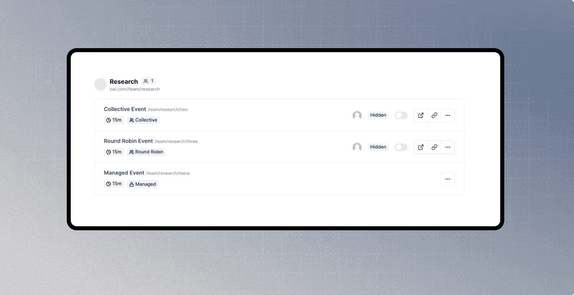 Cal.com event type list with collective, round robin, managed events