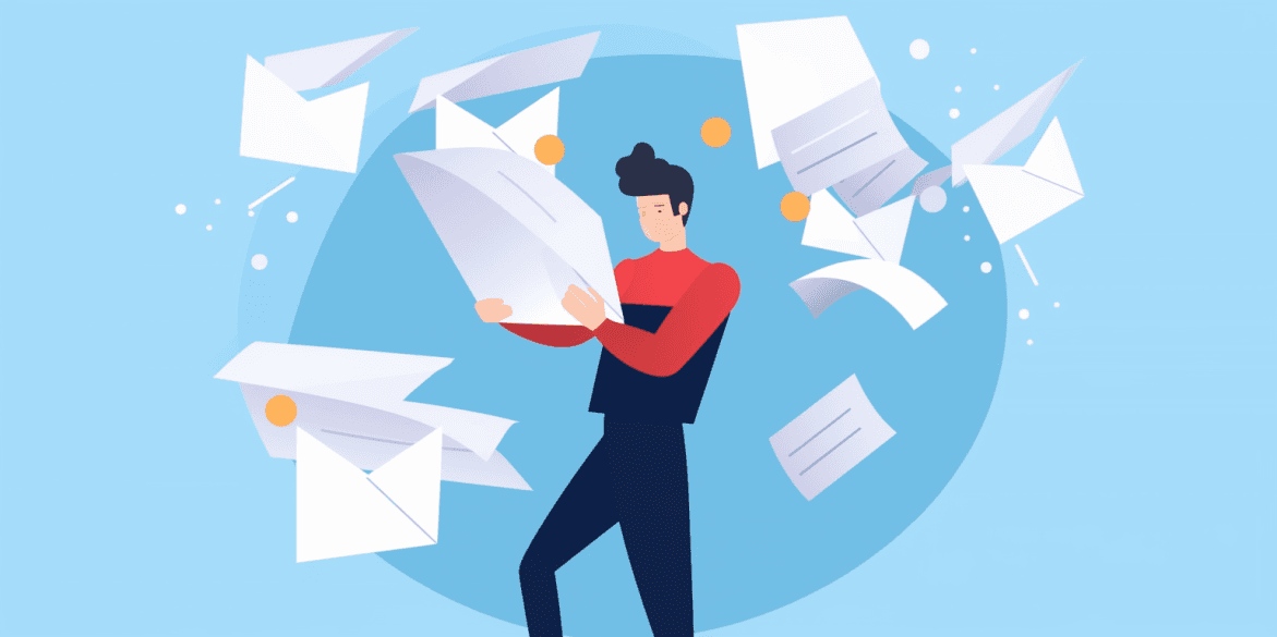 Illustration of a man surrounded by flying envelopes