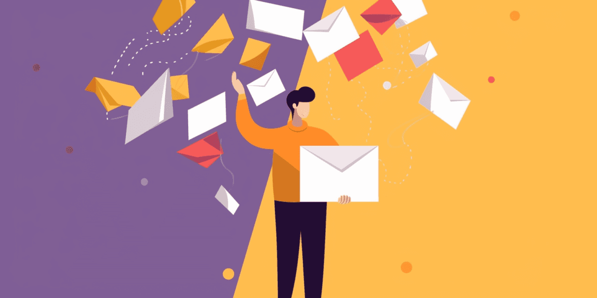 Illustration of a person surrounded by flying email envelopes