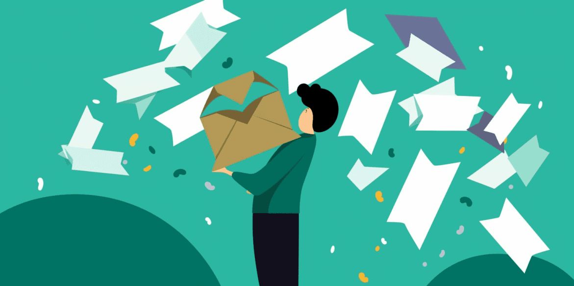 Illustration of a person holding an envelope with flying letters