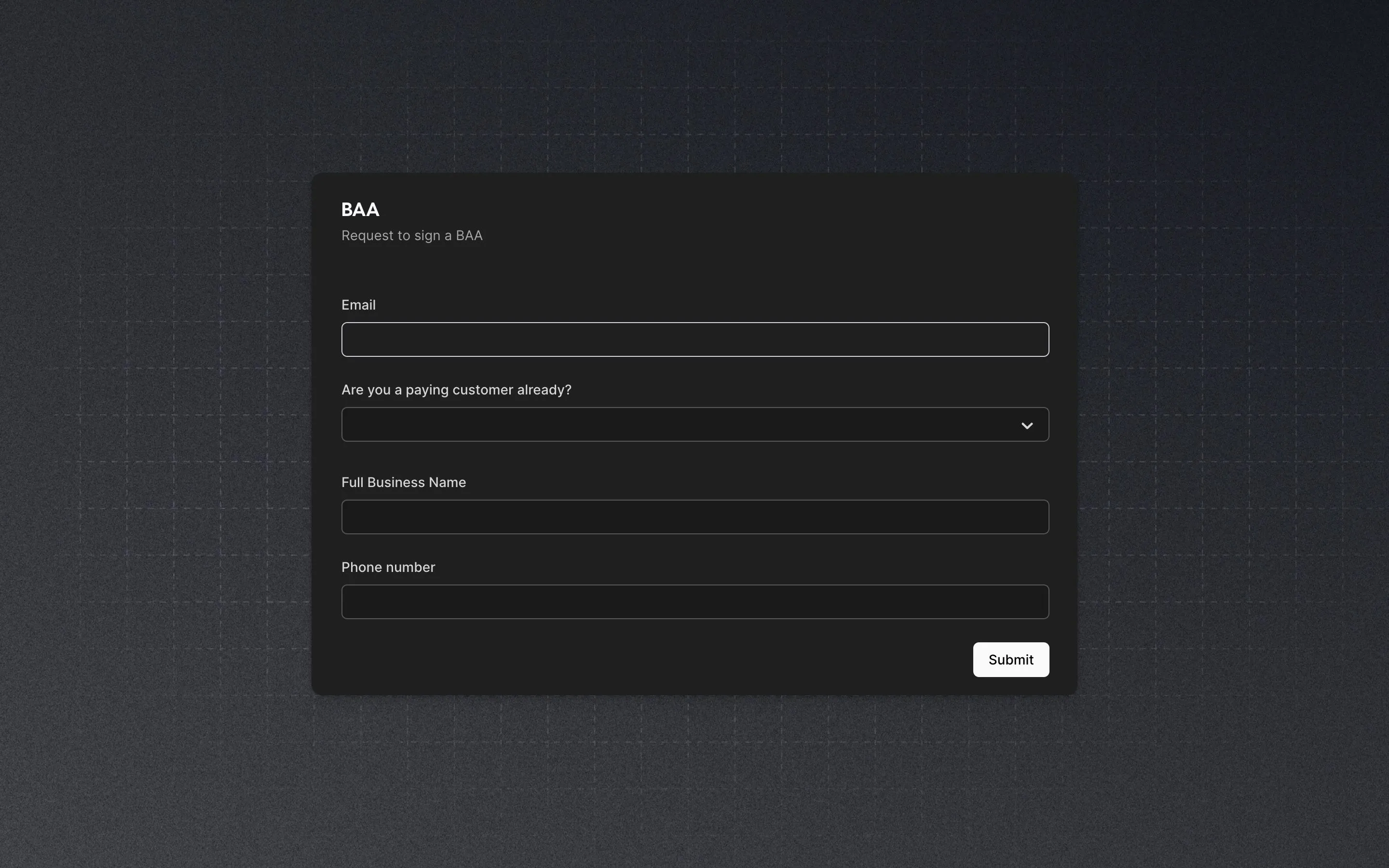 Screenshot of Cal.com BAA request form