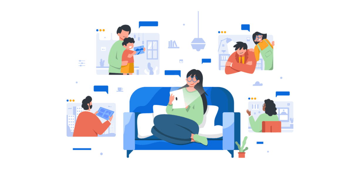 Illustration of a woman on a couch surrounded by video call bubbles