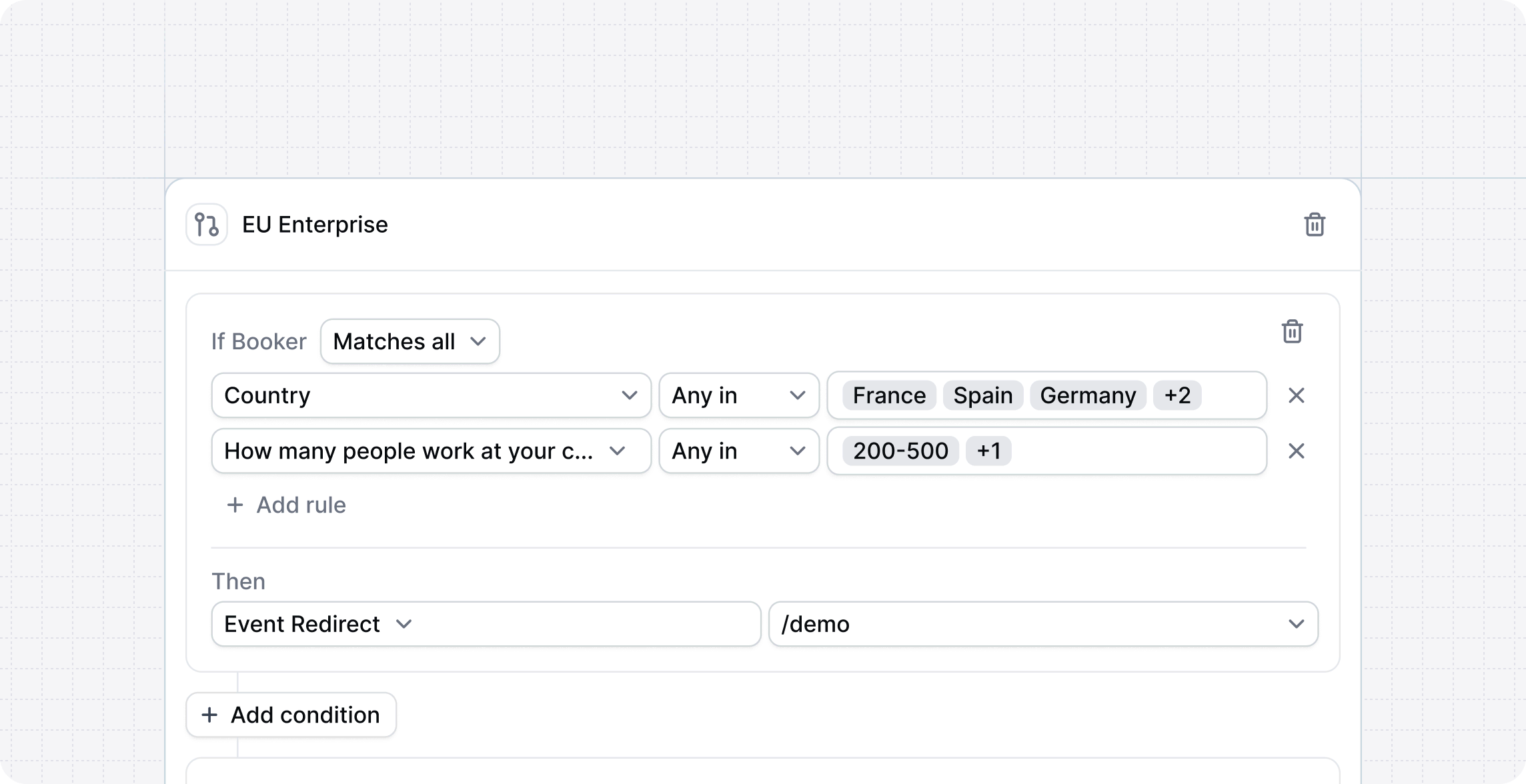 Screenshot of Cal.com routing form condition builder