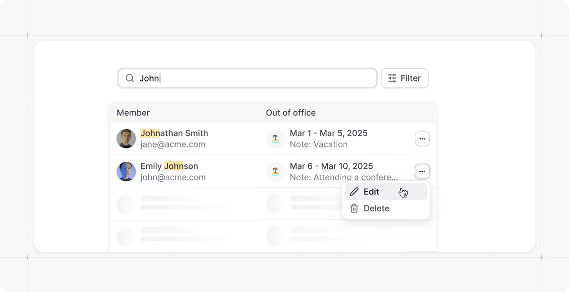 Out of office member list with edit and delete menu