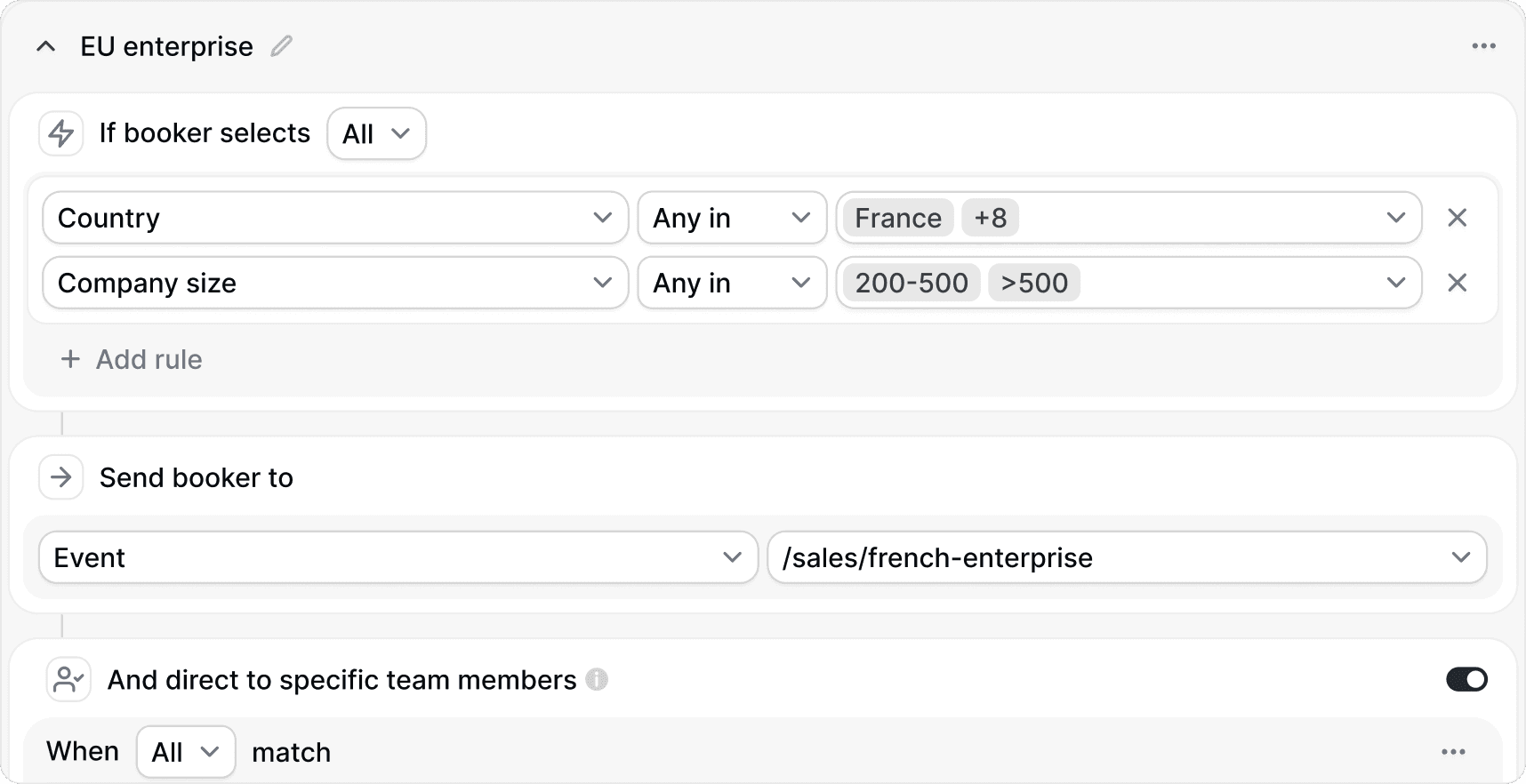Cal.com routing form rule for EU enterprise leads
