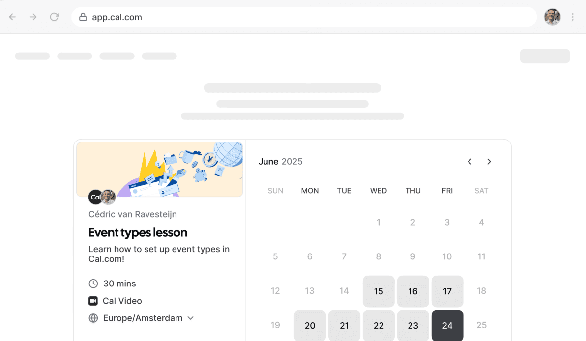 Cal.com dashboard to create, configure, and organize various event types and scheduling options